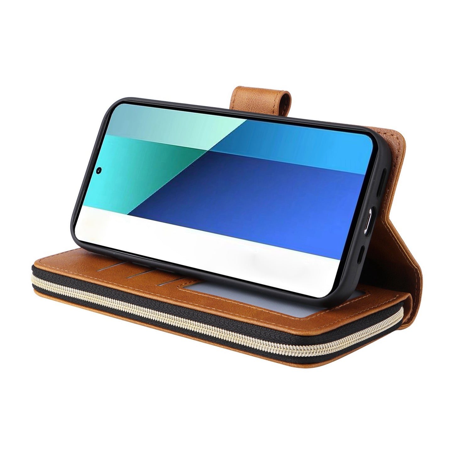 Redmi Note 13 4G Leather Wallet Case with 9 Card Slots, Zipped Cash Pocket & Kickstand - Premium PU TPU Protective Cover with Wrist Strap