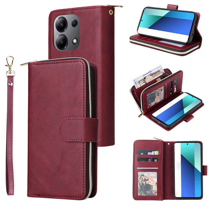 Redmi Note 13 4G Leather Wallet Case with 9 Card Slots, Zipped Cash Pocket & Kickstand - Premium PU TPU Protective Cover with Wrist Strap