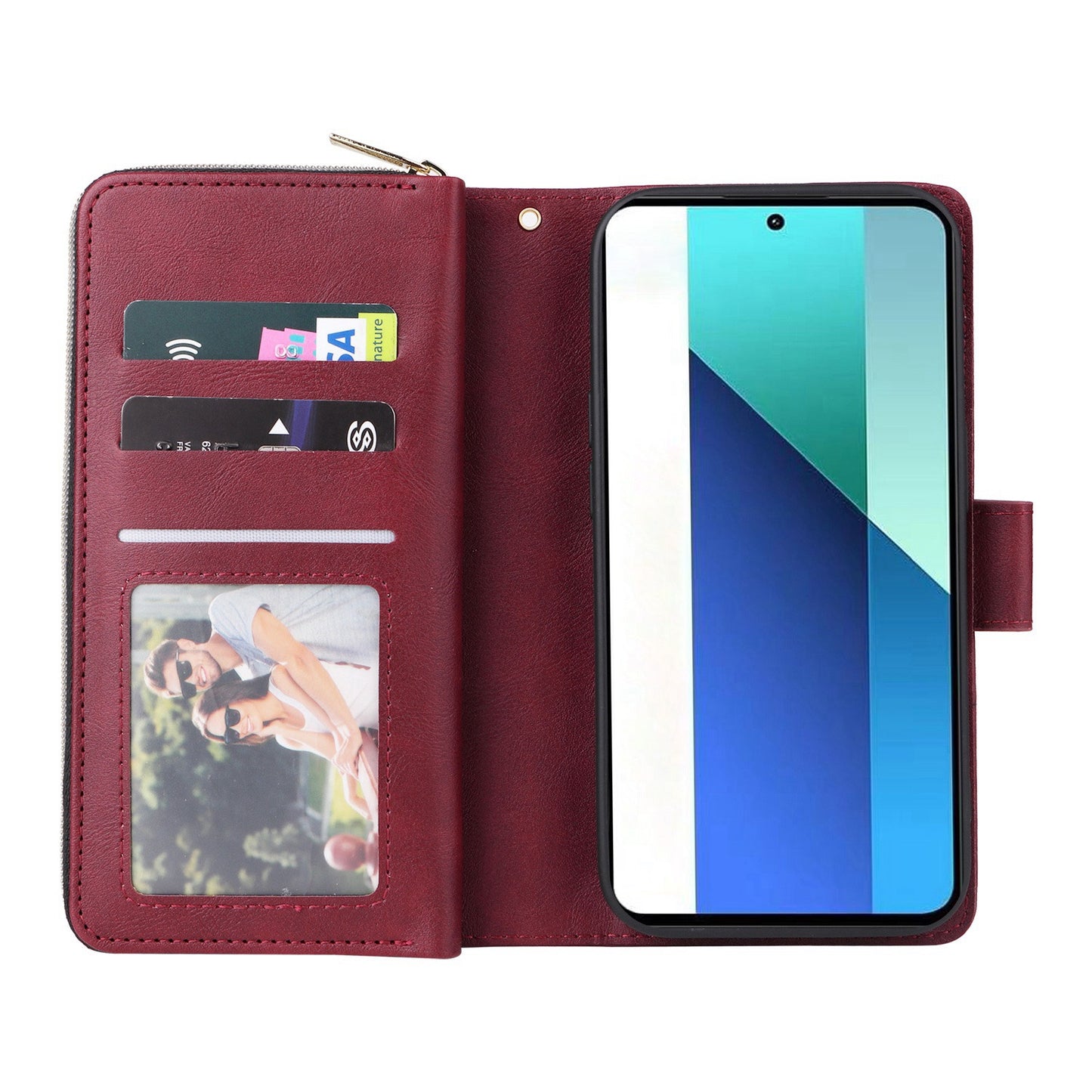 Redmi Note 13 4G Leather Wallet Case with 9 Card Slots, Zipped Cash Pocket & Kickstand - Premium PU TPU Protective Cover with Wrist Strap