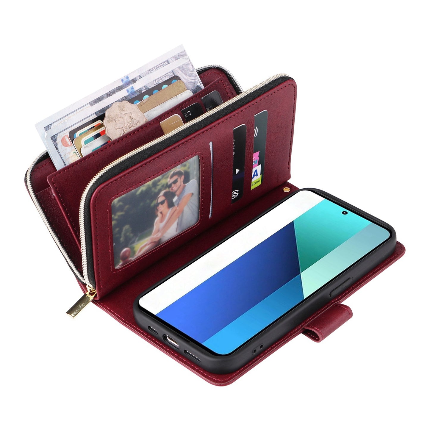 Redmi Note 13 4G Leather Wallet Case with 9 Card Slots, Zipped Cash Pocket & Kickstand - Premium PU TPU Protective Cover with Wrist Strap