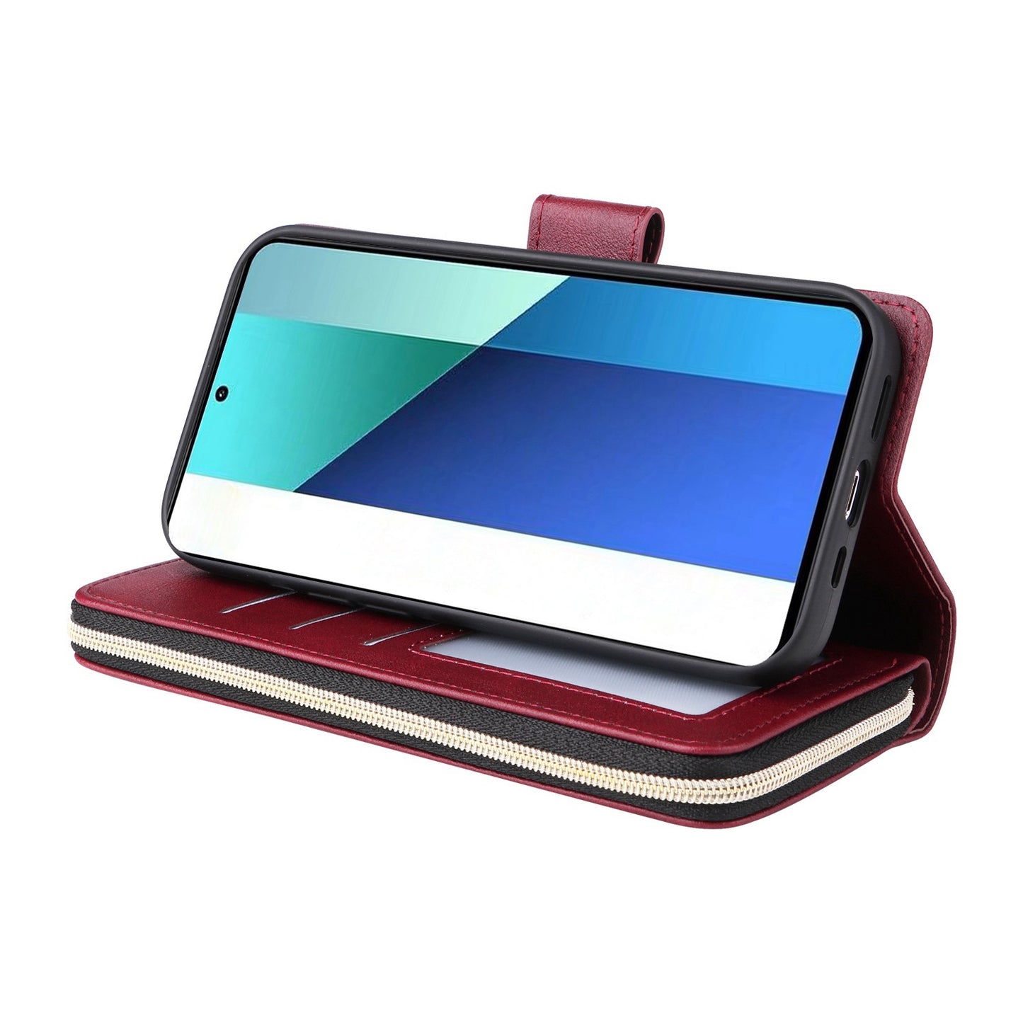 Redmi Note 13 4G Leather Wallet Case with 9 Card Slots, Zipped Cash Pocket & Kickstand - Premium PU TPU Protective Cover with Wrist Strap