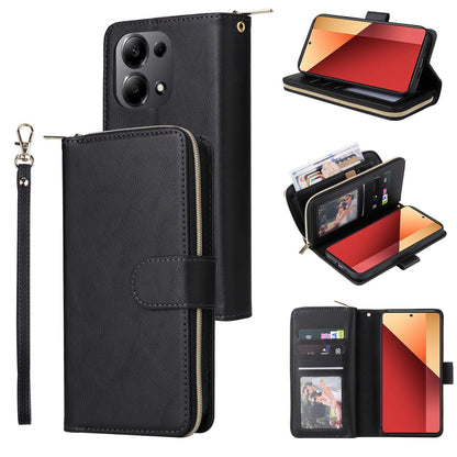 Redmi Note 13 Pro 4G Leather Wallet Case with 9 Card Slots, Zipped Cash Pocket & Kickstand - Premium PU TPU Protective Cover with Wrist Strap