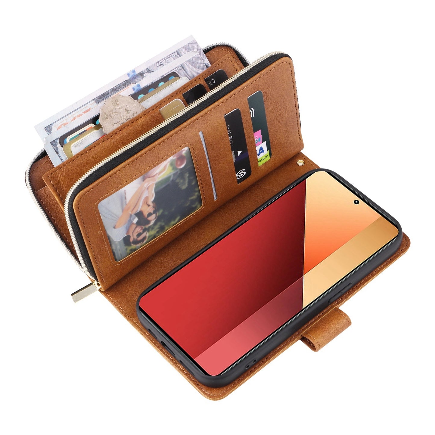 Redmi Note 13 Pro 4G Leather Wallet Case with 9 Card Slots, Zipped Cash Pocket & Kickstand - Premium PU TPU Protective Cover with Wrist Strap