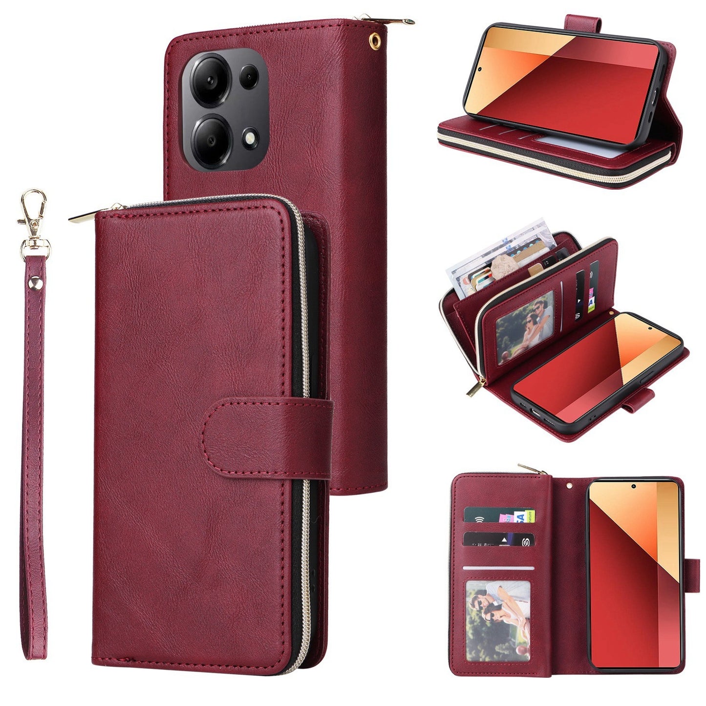 Redmi Note 13 Pro 4G Leather Wallet Case with 9 Card Slots, Zipped Cash Pocket & Kickstand - Premium PU TPU Protective Cover with Wrist Strap