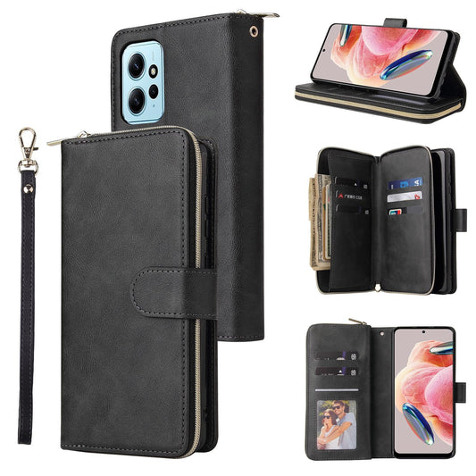 Redmi Note 12 4G Global Leather Wallet Case with 9 Card Slots, Zipped Cash Pocket & Kickstand - Premium PU TPU Protective Cover with Wrist Strap