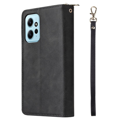 Redmi Note 12 4G Global Leather Wallet Case with 9 Card Slots, Zipped Cash Pocket & Kickstand - Premium PU TPU Protective Cover with Wrist Strap