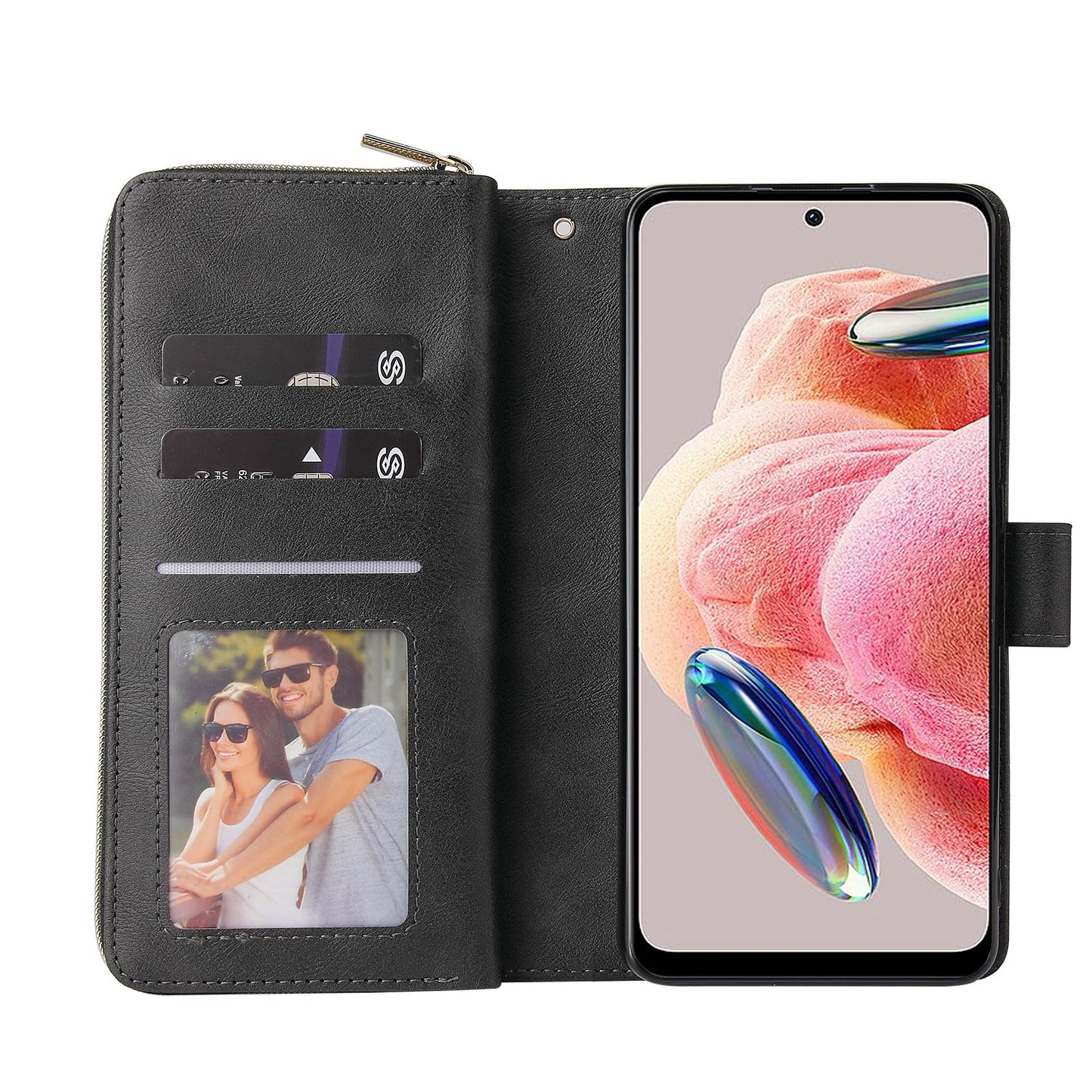 Redmi Note 12 4G Global Leather Wallet Case with 9 Card Slots, Zipped Cash Pocket & Kickstand - Premium PU TPU Protective Cover with Wrist Strap