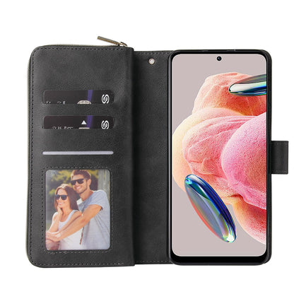 Redmi Note 12 4G Global Leather Wallet Case with 9 Card Slots, Zipped Cash Pocket & Kickstand - Premium PU TPU Protective Cover with Wrist Strap