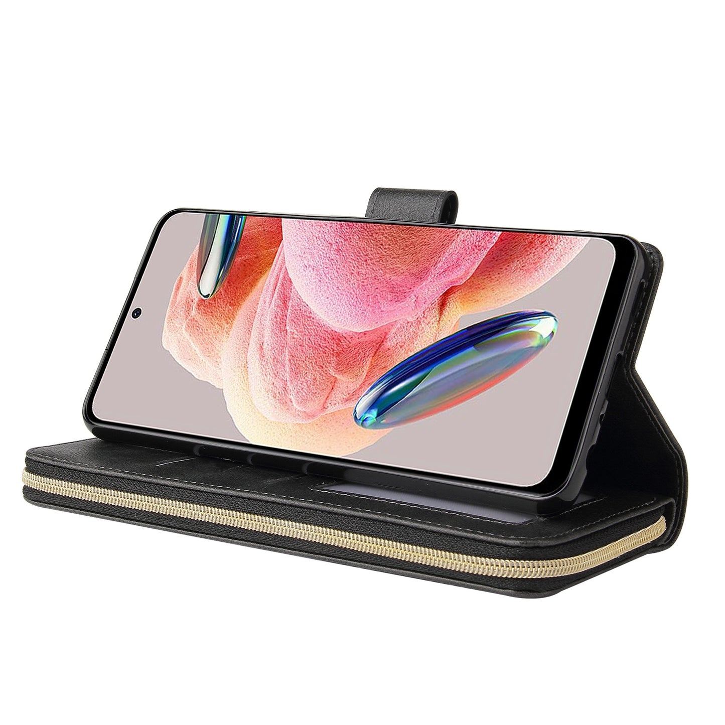 Redmi Note 12 4G Global Leather Wallet Case with 9 Card Slots, Zipped Cash Pocket & Kickstand - Premium PU TPU Protective Cover with Wrist Strap