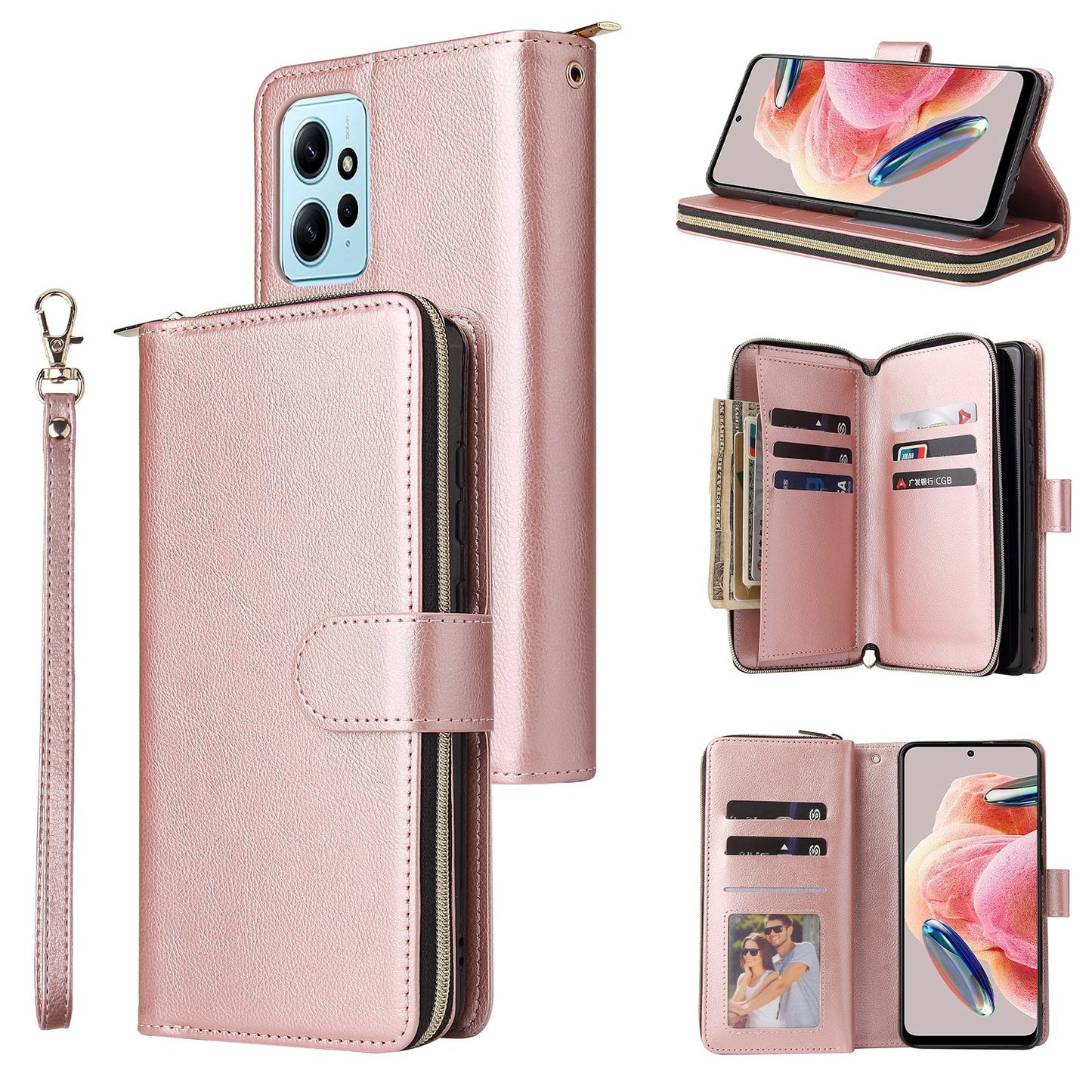 Redmi Note 12 4G Global Leather Wallet Case with 9 Card Slots, Zipped Cash Pocket & Kickstand - Premium PU TPU Protective Cover with Wrist Strap