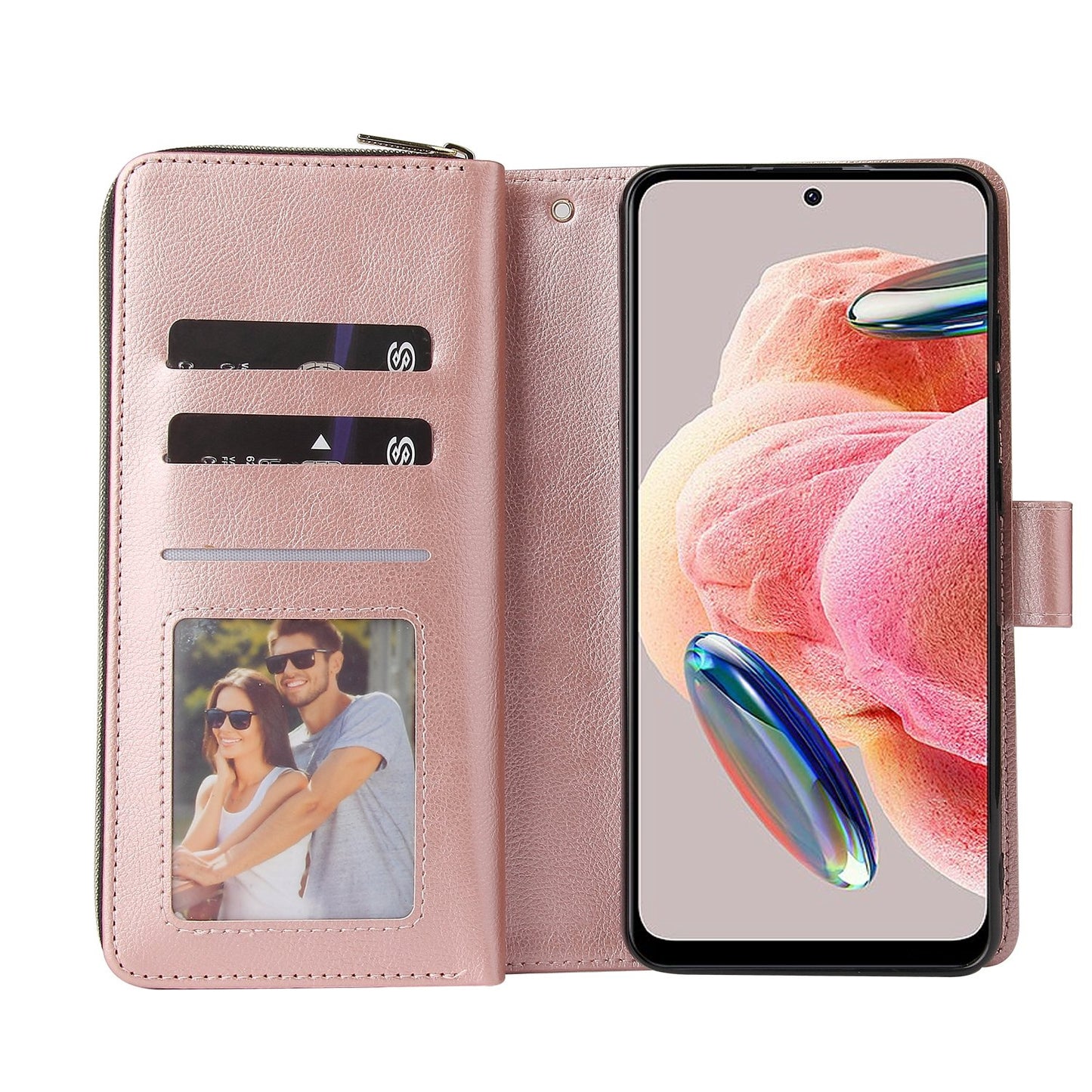 Redmi Note 12 4G Global Leather Wallet Case with 9 Card Slots, Zipped Cash Pocket & Kickstand - Premium PU TPU Protective Cover with Wrist Strap