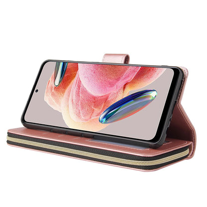 Redmi Note 12 4G Global Leather Wallet Case with 9 Card Slots, Zipped Cash Pocket & Kickstand - Premium PU TPU Protective Cover with Wrist Strap