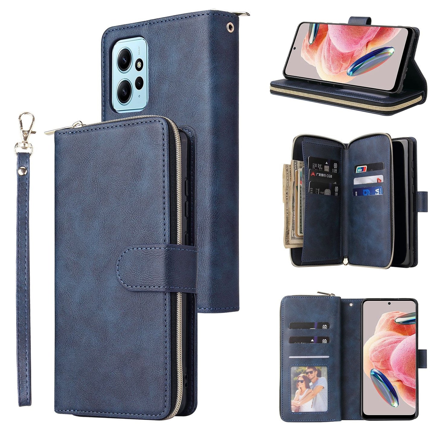 Redmi Note 12 4G Global Leather Wallet Case with 9 Card Slots, Zipped Cash Pocket & Kickstand - Premium PU TPU Protective Cover with Wrist Strap