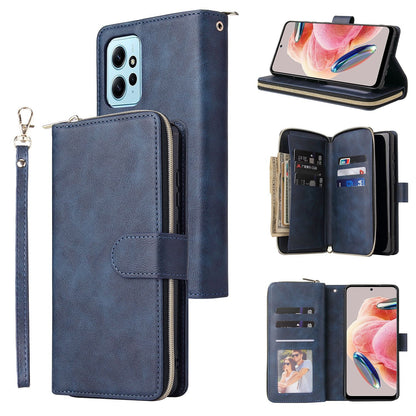 Redmi Note 12 4G Global Leather Wallet Case with 9 Card Slots, Zipped Cash Pocket & Kickstand - Premium PU TPU Protective Cover with Wrist Strap