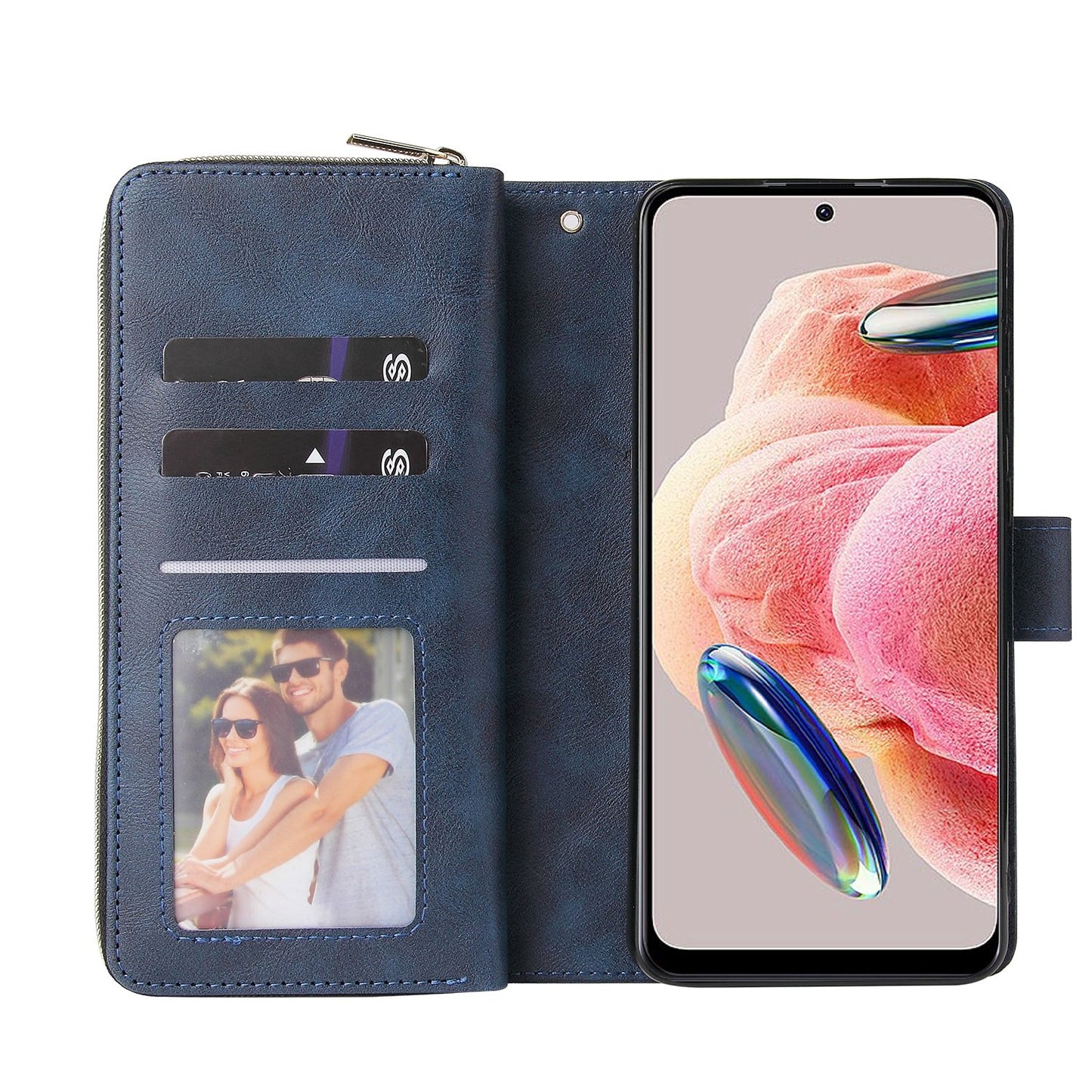 Redmi Note 12 4G Global Leather Wallet Case with 9 Card Slots, Zipped Cash Pocket & Kickstand - Premium PU TPU Protective Cover with Wrist Strap
