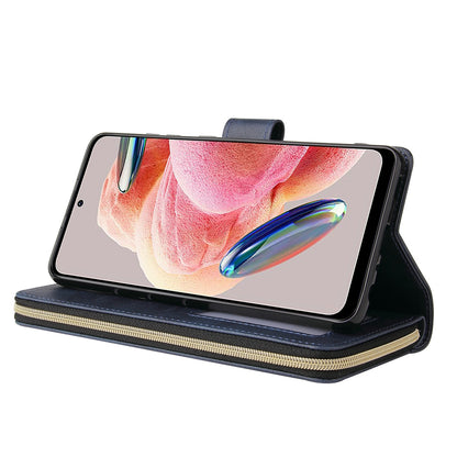 Redmi Note 12 4G Global Leather Wallet Case with 9 Card Slots, Zipped Cash Pocket & Kickstand - Premium PU TPU Protective Cover with Wrist Strap