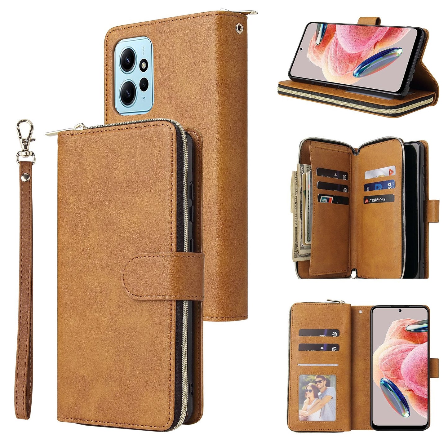 Redmi Note 12 4G Global Leather Wallet Case with 9 Card Slots, Zipped Cash Pocket & Kickstand - Premium PU TPU Protective Cover with Wrist Strap
