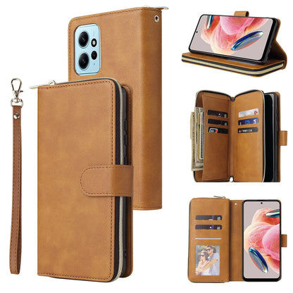 Redmi Note 12 4G Global Leather Wallet Case with 9 Card Slots, Zipped Cash Pocket & Kickstand - Premium PU TPU Protective Cover with Wrist Strap