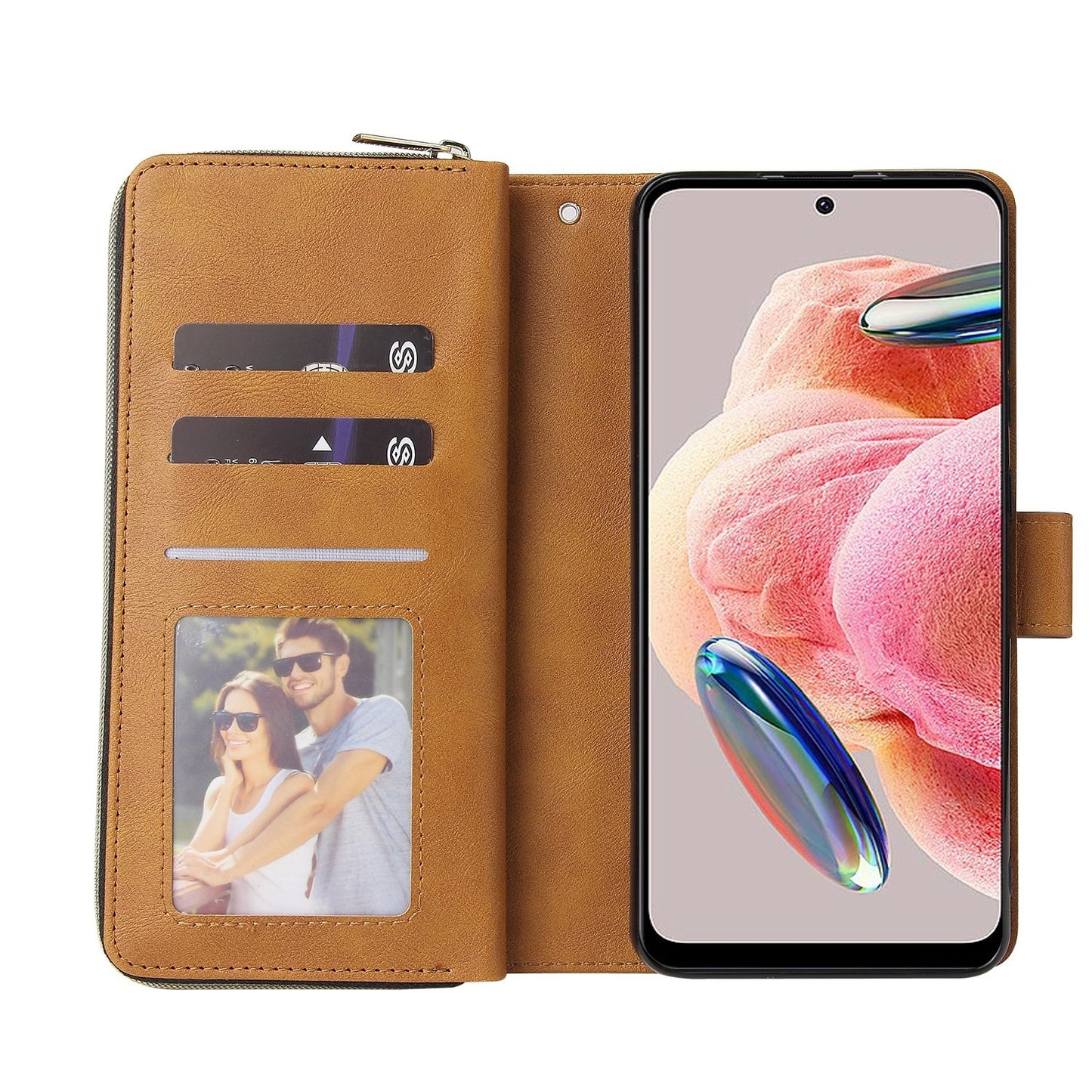 Redmi Note 12 4G Global Leather Wallet Case with 9 Card Slots, Zipped Cash Pocket & Kickstand - Premium PU TPU Protective Cover with Wrist Strap