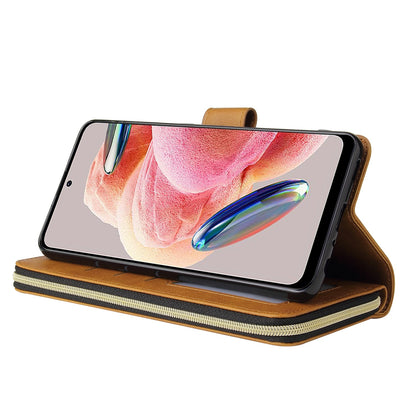 Redmi Note 12 4G Global Leather Wallet Case with 9 Card Slots, Zipped Cash Pocket & Kickstand - Premium PU TPU Protective Cover with Wrist Strap