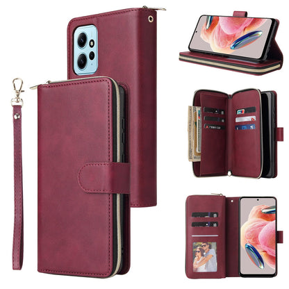 Redmi Note 12 4G Global Leather Wallet Case with 9 Card Slots, Zipped Cash Pocket & Kickstand - Premium PU TPU Protective Cover with Wrist Strap
