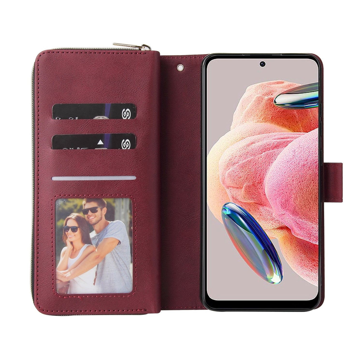 Redmi Note 12 4G Global Leather Wallet Case with 9 Card Slots, Zipped Cash Pocket & Kickstand - Premium PU TPU Protective Cover with Wrist Strap