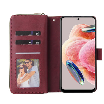 Redmi Note 12 4G Global Leather Wallet Case with 9 Card Slots, Zipped Cash Pocket & Kickstand - Premium PU TPU Protective Cover with Wrist Strap