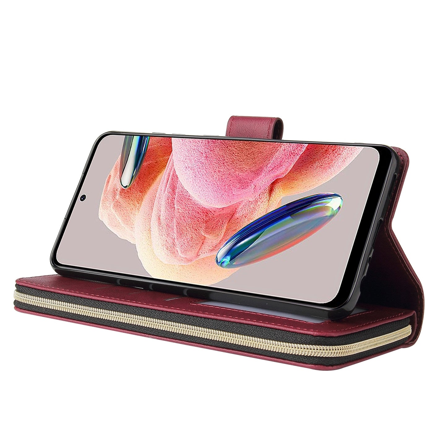 Redmi Note 12 4G Global Leather Wallet Case with 9 Card Slots, Zipped Cash Pocket & Kickstand - Premium PU TPU Protective Cover with Wrist Strap