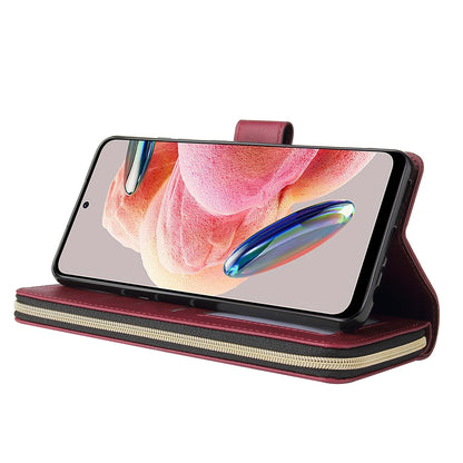 Redmi Note 12 4G Global Leather Wallet Case with 9 Card Slots, Zipped Cash Pocket & Kickstand - Premium PU TPU Protective Cover with Wrist Strap