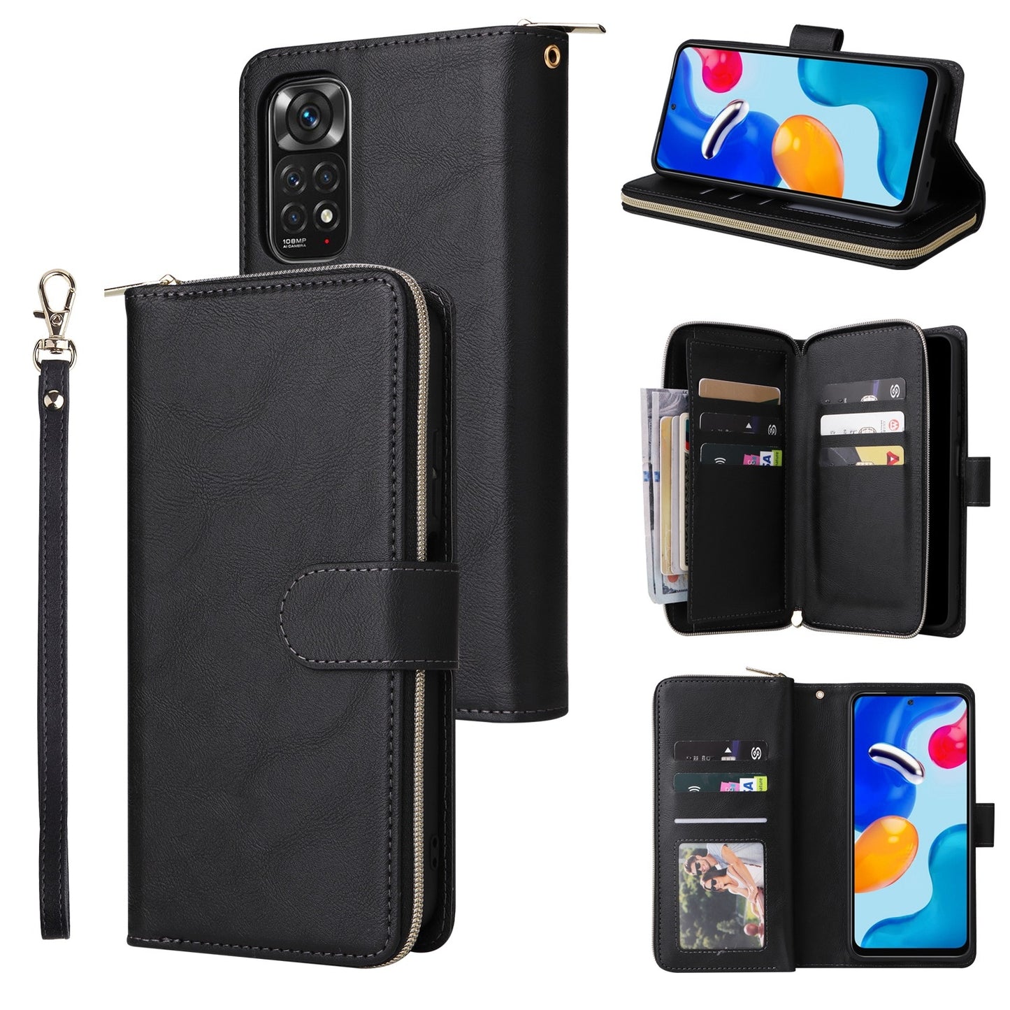 Redmi Note 11 Pro Global Leather Wallet Case with 9 Card Slots, Zipped Cash Pocket & Kickstand - Premium PU TPU Protective Cover with Wrist Strap