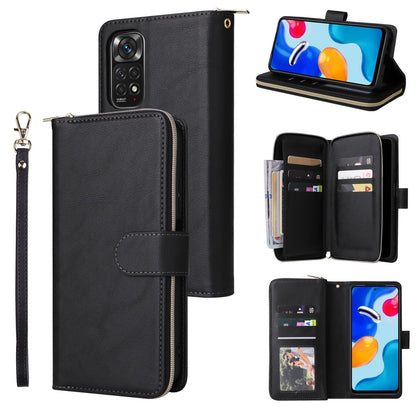 Redmi Note 11 Pro Global Leather Wallet Case with 9 Card Slots, Zipped Cash Pocket & Kickstand - Premium PU TPU Protective Cover with Wrist Strap