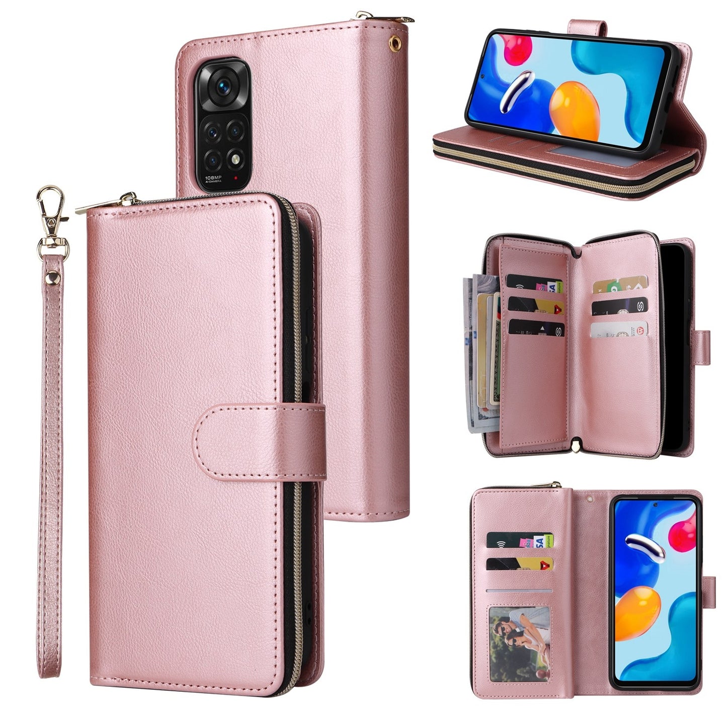 Redmi Note 11 Pro Global Leather Wallet Case with 9 Card Slots, Zipped Cash Pocket & Kickstand - Premium PU TPU Protective Cover with Wrist Strap
