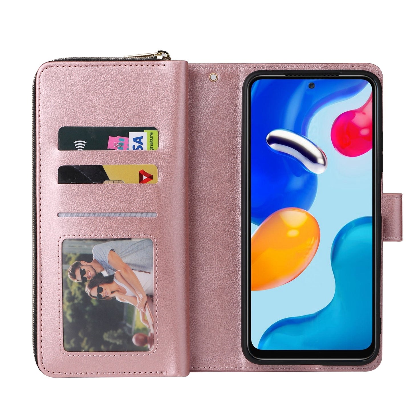 Redmi Note 11 Pro Global Leather Wallet Case with 9 Card Slots, Zipped Cash Pocket & Kickstand - Premium PU TPU Protective Cover with Wrist Strap