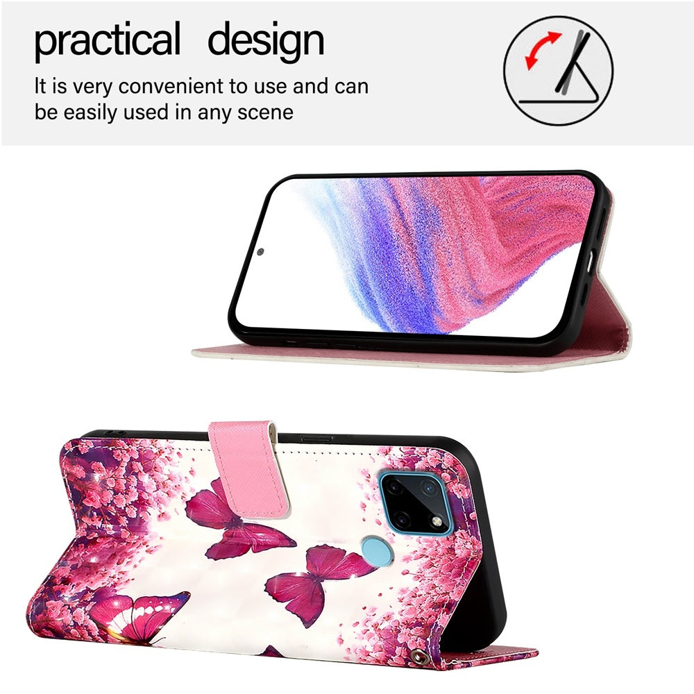 Realme C21Y Leather Flip Phone Case with 3D Painted Design, Card Holder, Wallet & Stand Function - Durable Protection & Easy Access