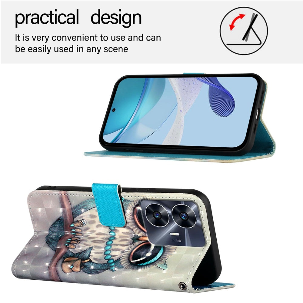 Realme Narzo N55 Leather Flip Phone Case with 3D Painted Design, Card Holder, Wallet & Stand Function - Durable Protection & Easy Access