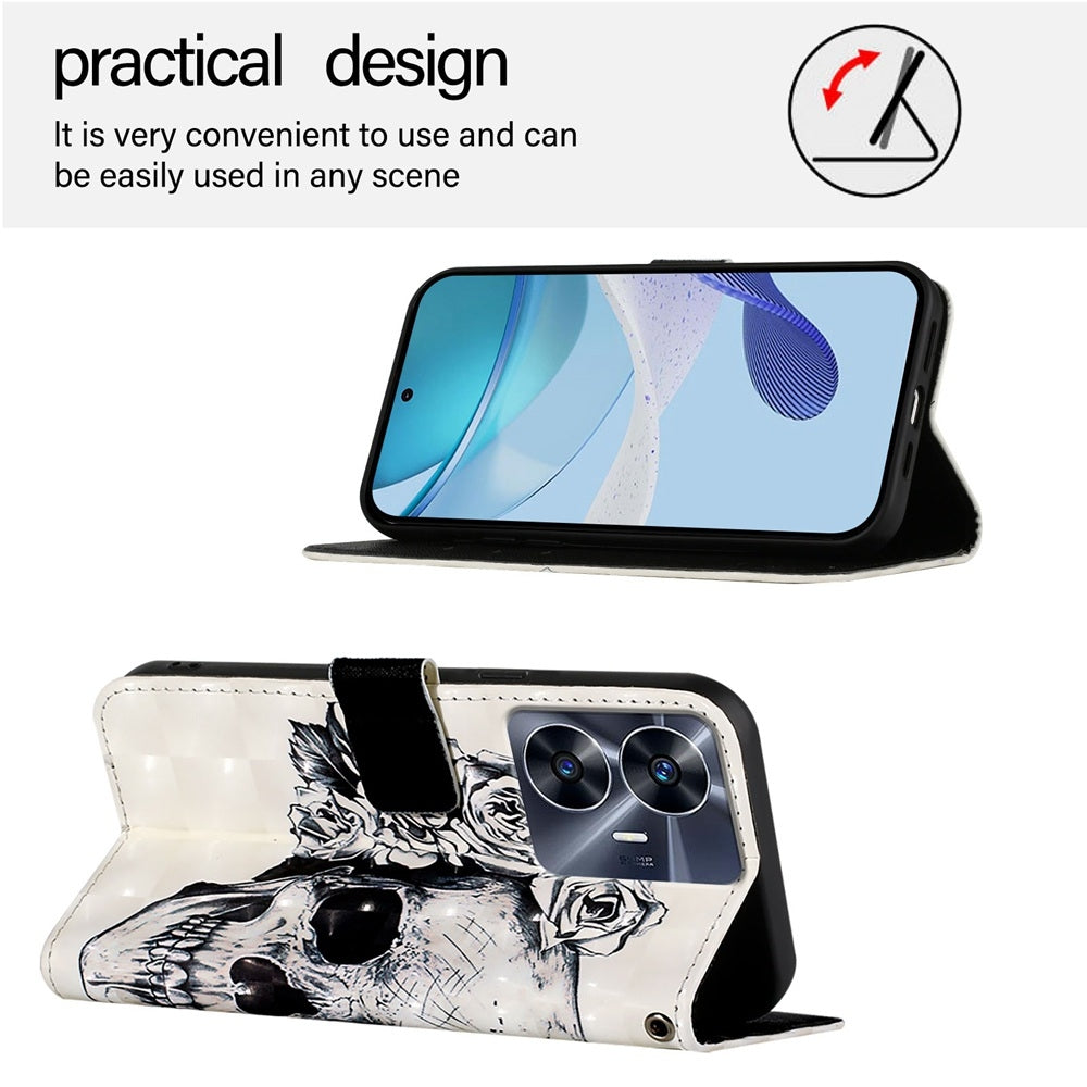 Realme Narzo N55 Leather Flip Phone Case with 3D Painted Design, Card Holder, Wallet & Stand Function - Durable Protection & Easy Access