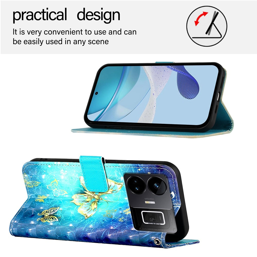 Realme GT3 Leather Flip Phone Case with 3D Painted Design, Card Holder, Wallet & Stand Function - Durable Protection & Easy Access