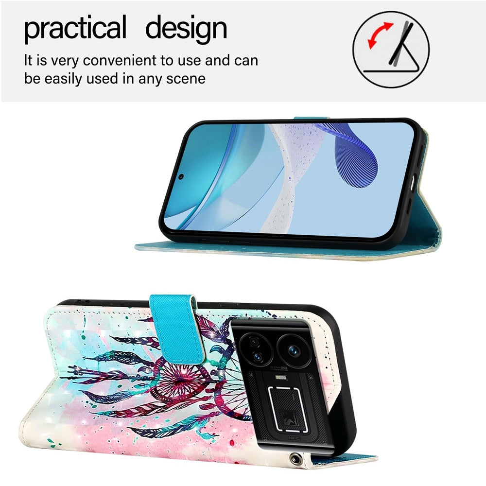 Realme GT5 Leather Flip Phone Case with 3D Painted Design, Card Holder, Wallet & Stand Function - Durable Protection & Easy Access