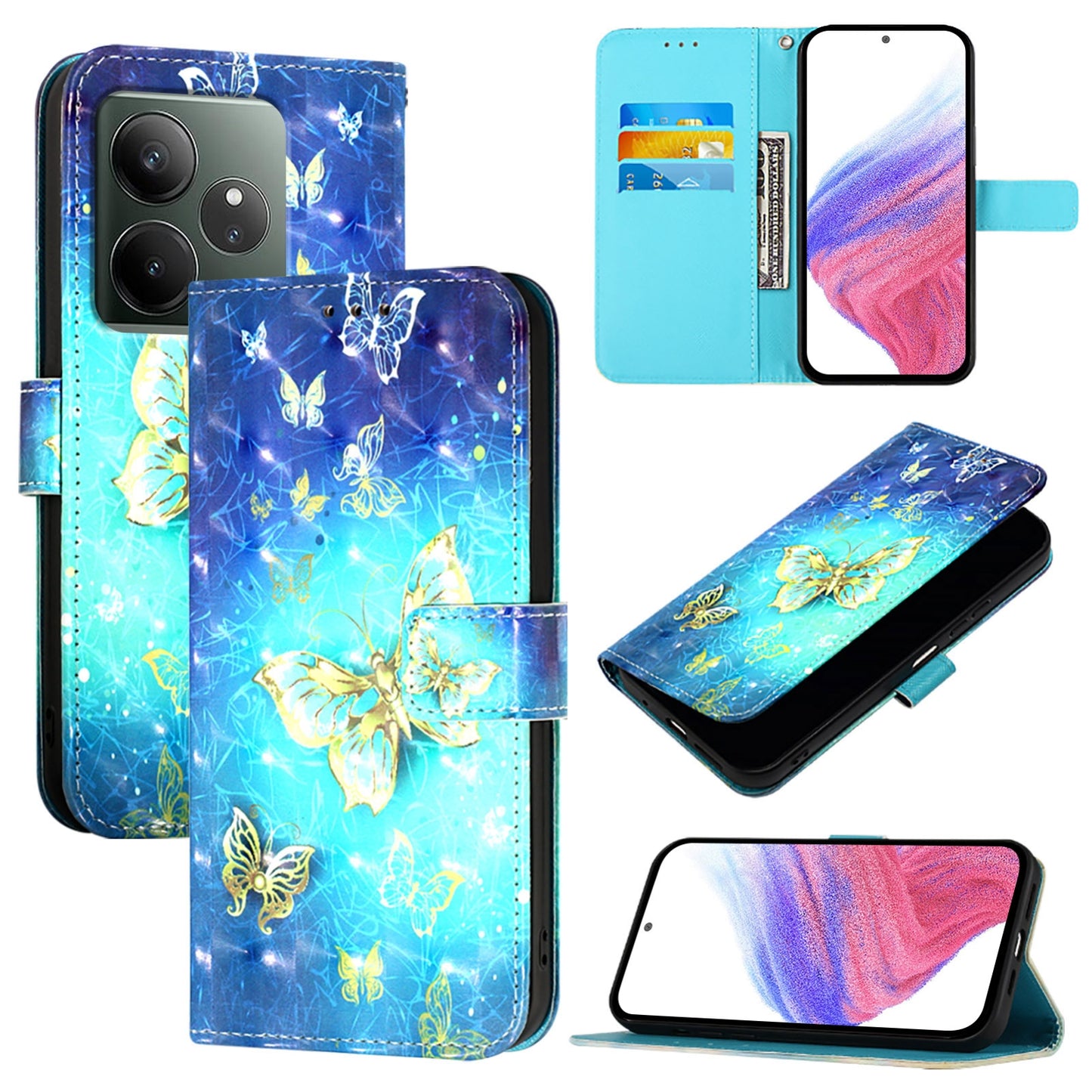 Realme GT 6T 5G Global Leather Flip Phone Case with 3D Painted Design, Card Holder, Wallet & Stand Function - Durable Protection & Easy Access