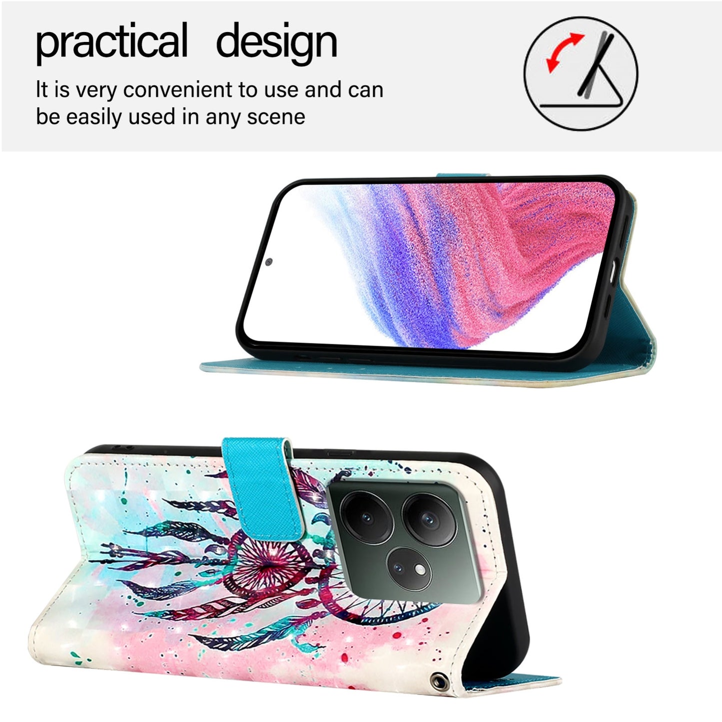 Realme GT 6 5G Global Leather Flip Phone Case with 3D Painted Design, Card Holder, Wallet & Stand Function - Durable Protection & Easy Access