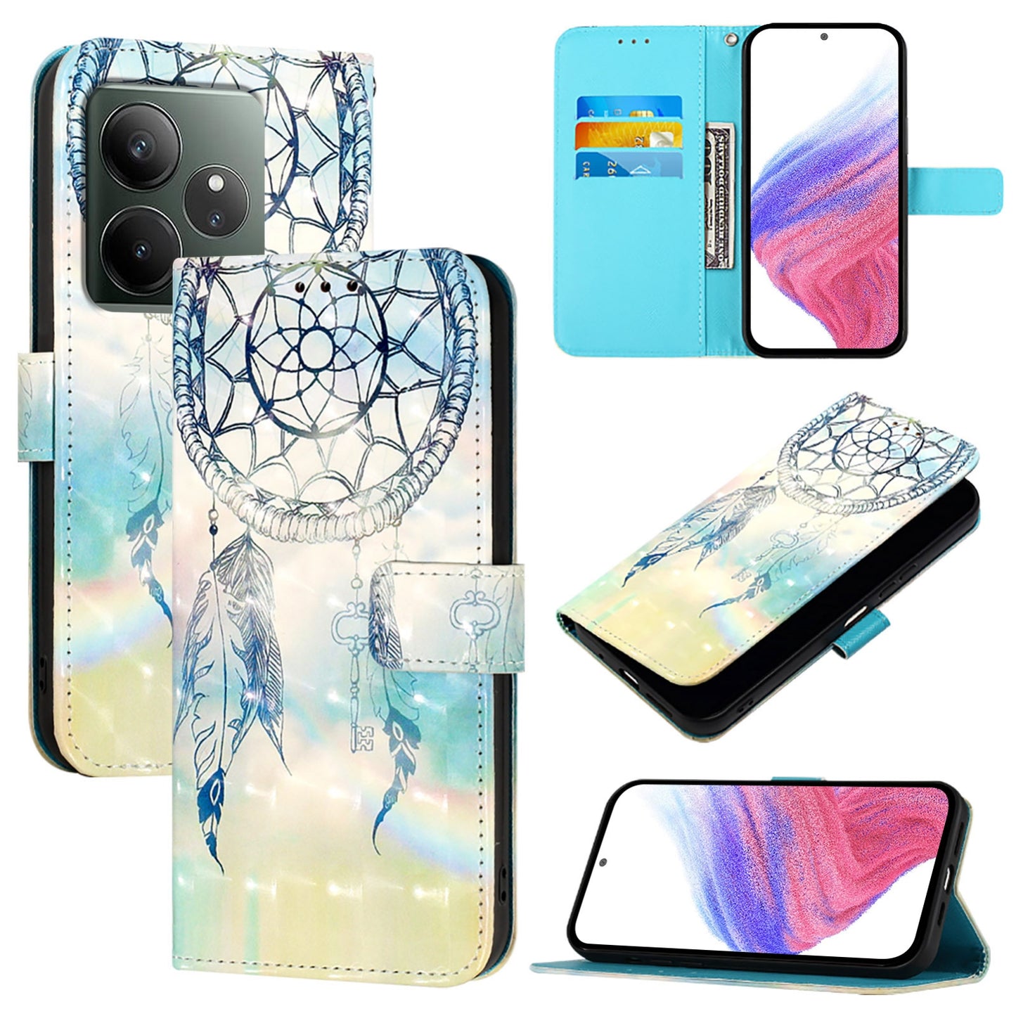Realme GT 6T 5G Global Leather Flip Phone Case with 3D Painted Design, Card Holder, Wallet & Stand Function - Durable Protection & Easy Access