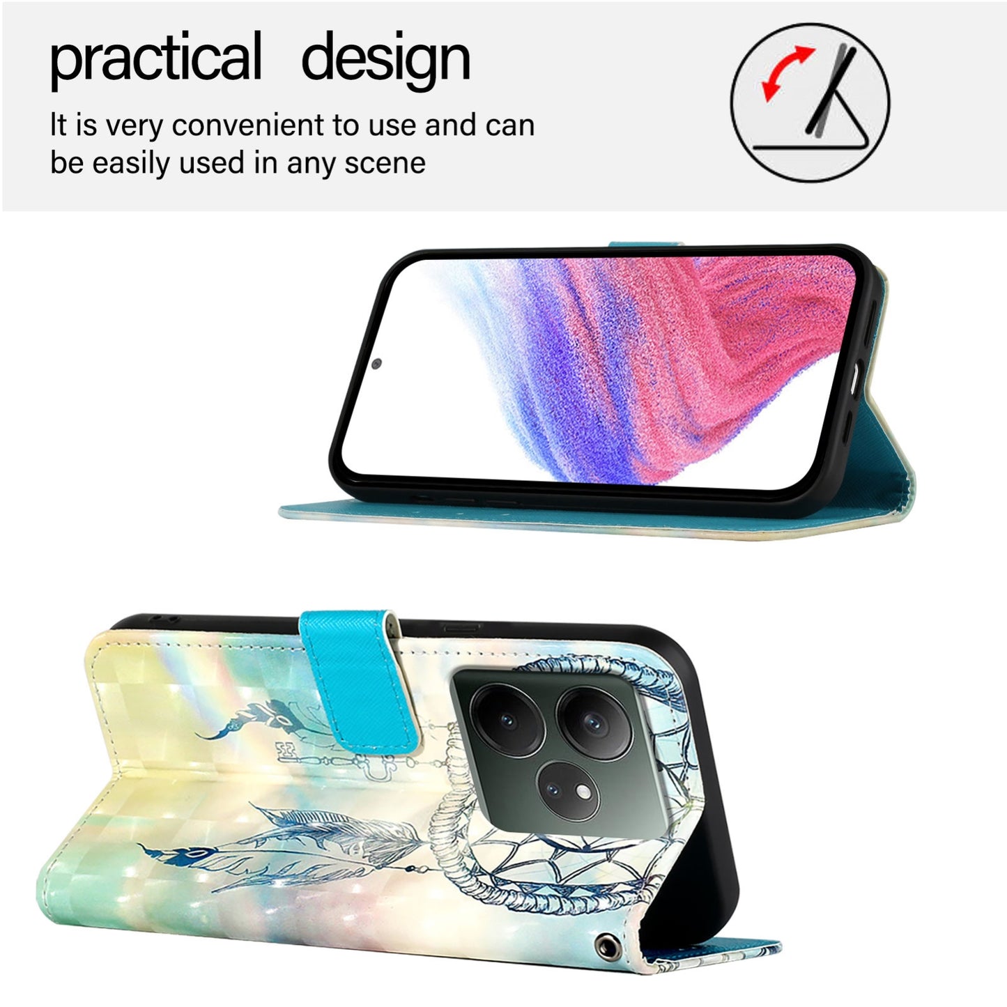 Realme GT 6 5G Global Leather Flip Phone Case with 3D Painted Design, Card Holder, Wallet & Stand Function - Durable Protection & Easy Access