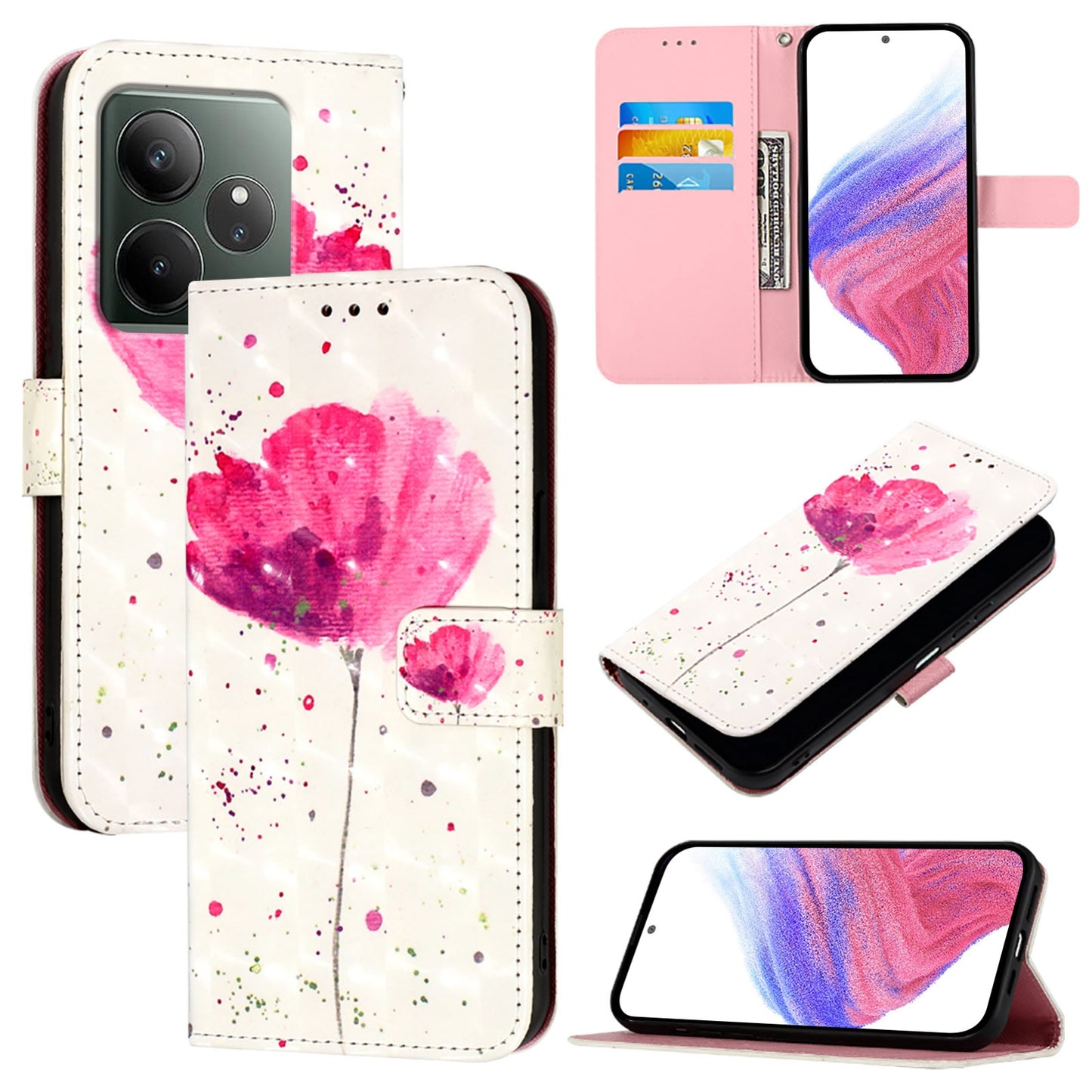 Realme GT 6 5G Global Leather Flip Phone Case with 3D Painted Design, Card Holder, Wallet & Stand Function - Durable Protection & Easy Access