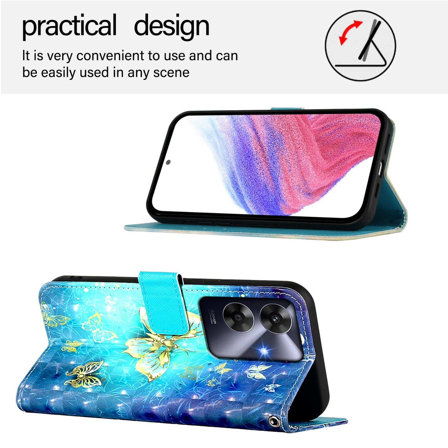 Realme Note 60 4G Global Leather Flip Phone Case with 3D Painted Design, Card Holder, Wallet & Stand Function - Durable Protection & Easy Access