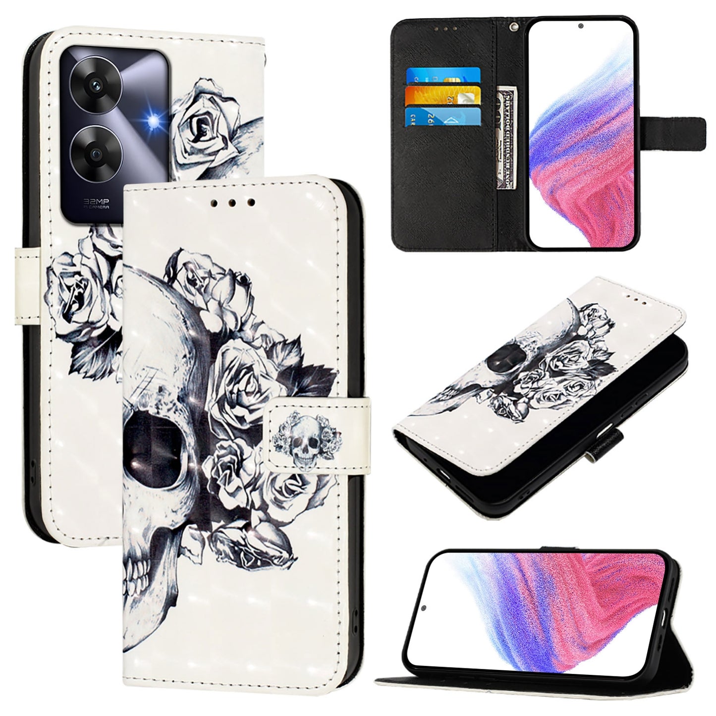 Realme Note 60 4G Global Leather Flip Phone Case with 3D Painted Design, Card Holder, Wallet & Stand Function - Durable Protection & Easy Access