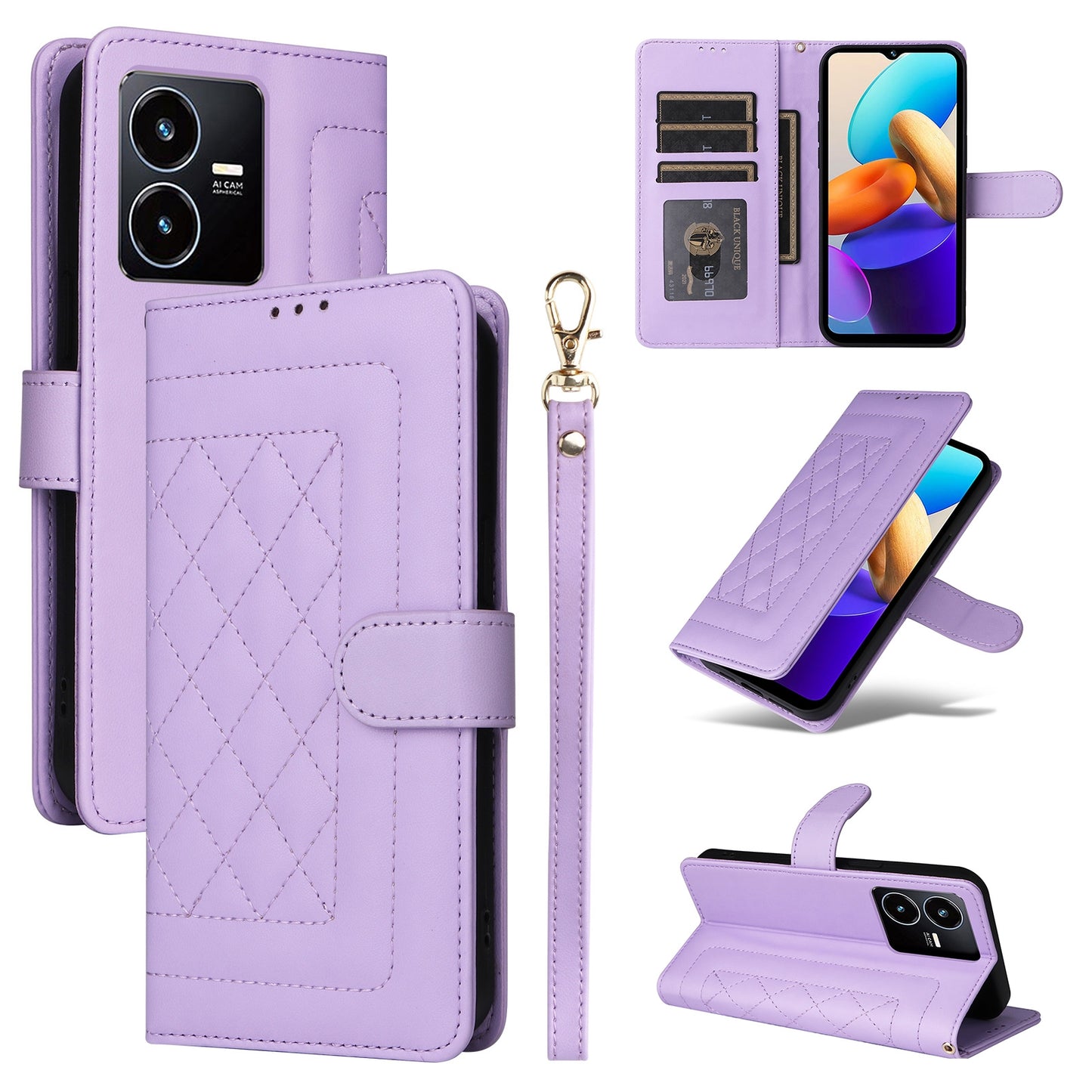 For vivo Y22s / Y35 Diamond Lattice Leather Flip Phone Case - Durable and Convenient Holder with Precision Cutouts