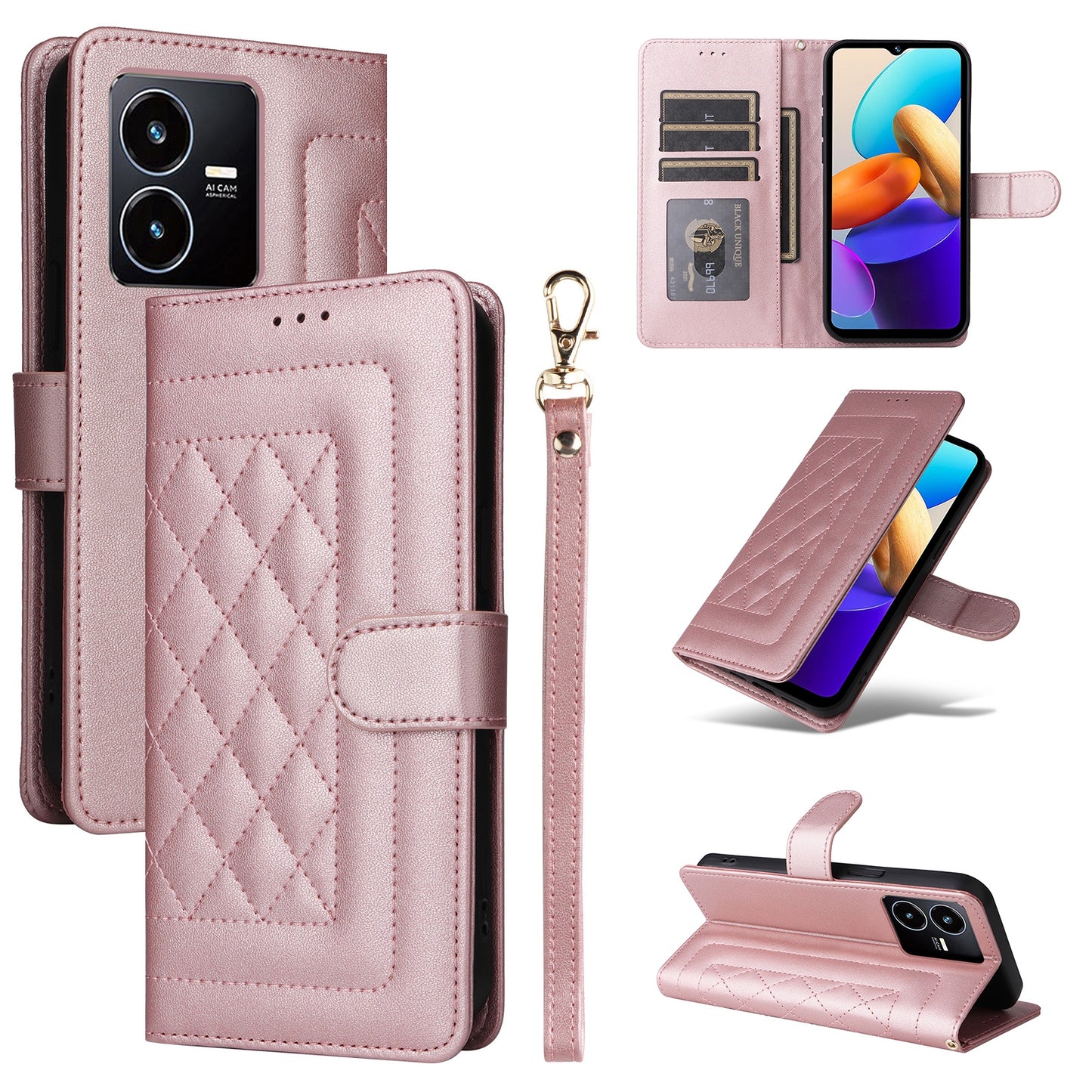 For vivo Y22s / Y35 Diamond Lattice Leather Flip Phone Case - Durable and Convenient Holder with Precision Cutouts