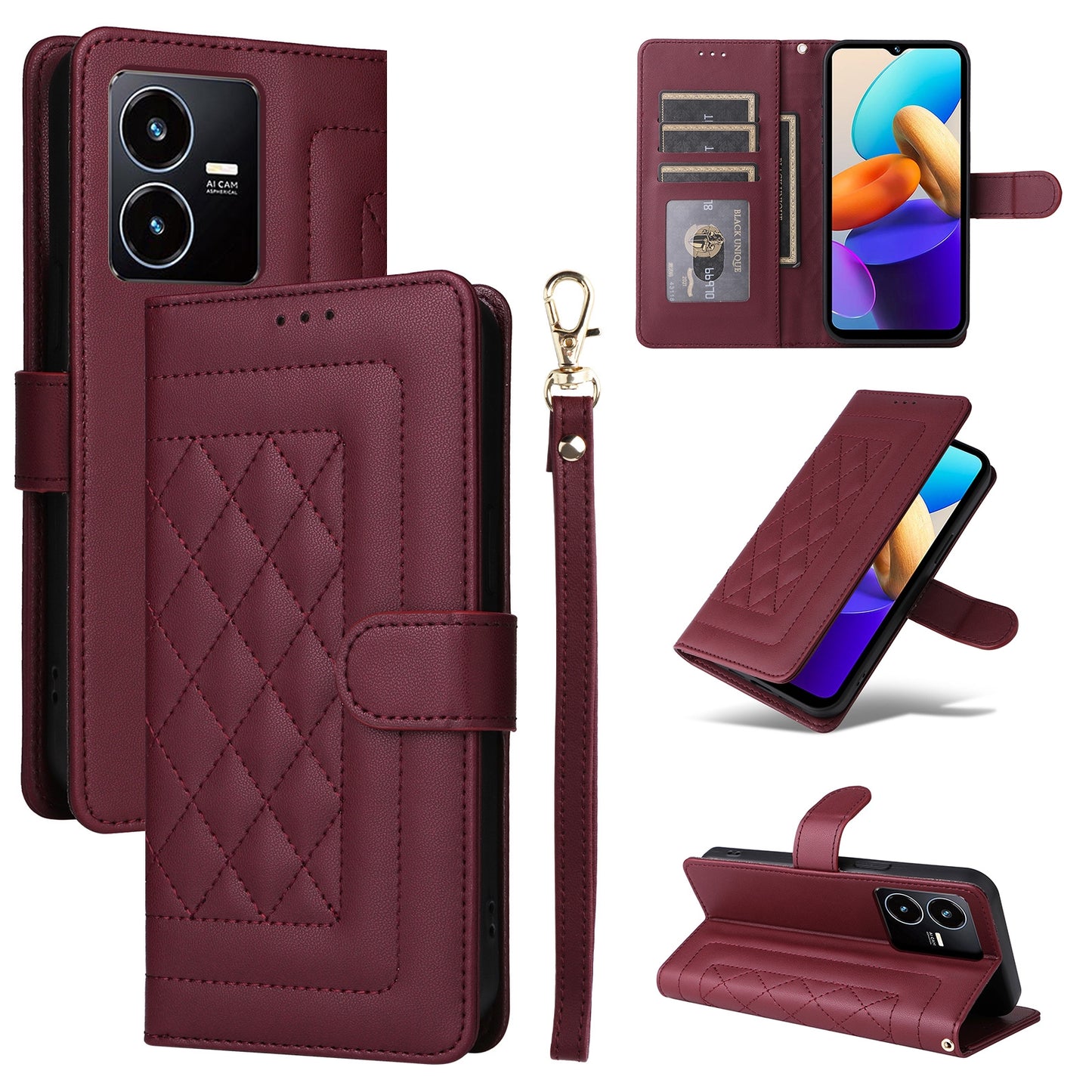 For vivo Y22s / Y35 Diamond Lattice Leather Flip Phone Case - Durable and Convenient Holder with Precision Cutouts