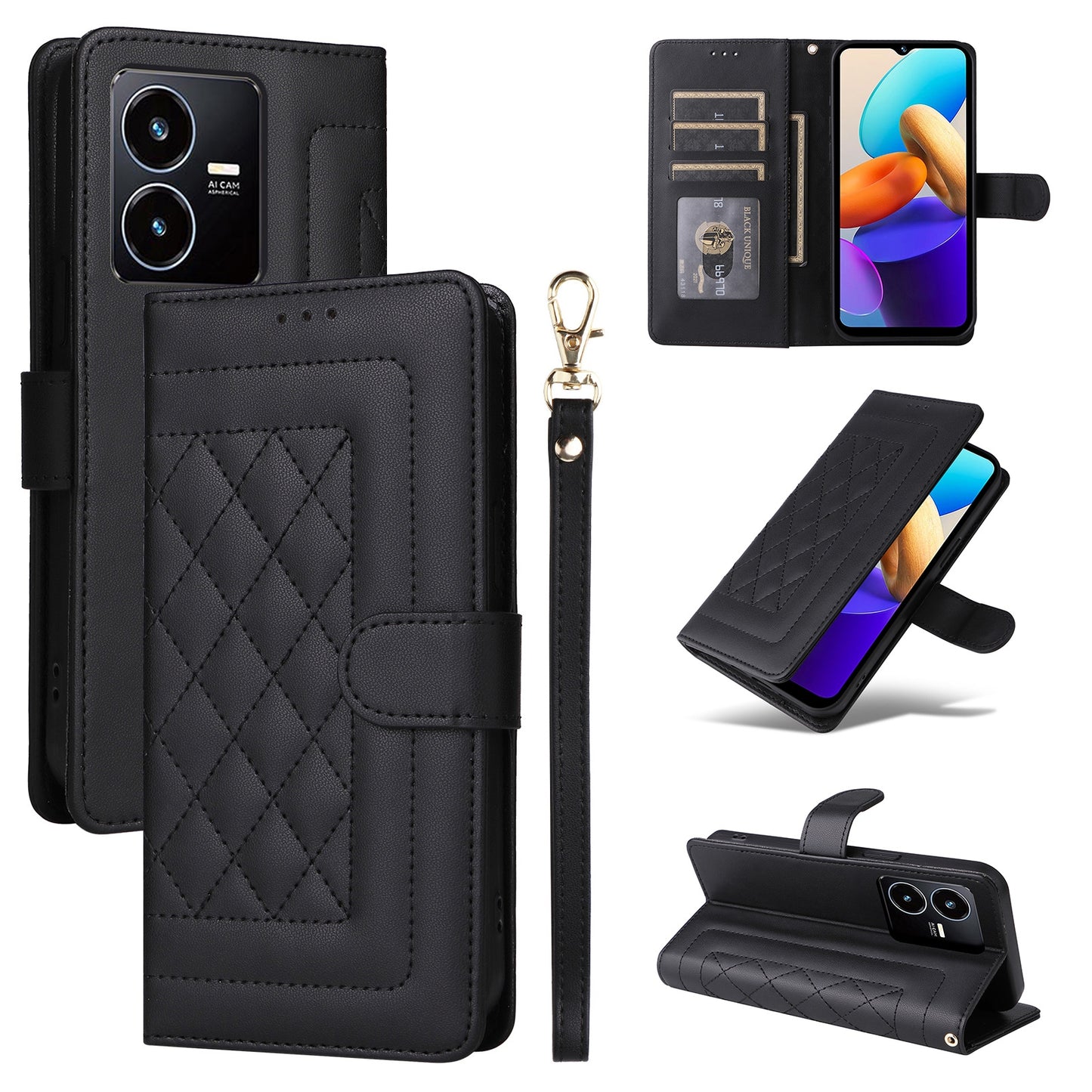 For vivo Y22s / Y35 Diamond Lattice Leather Flip Phone Case - Durable and Convenient Holder with Precision Cutouts