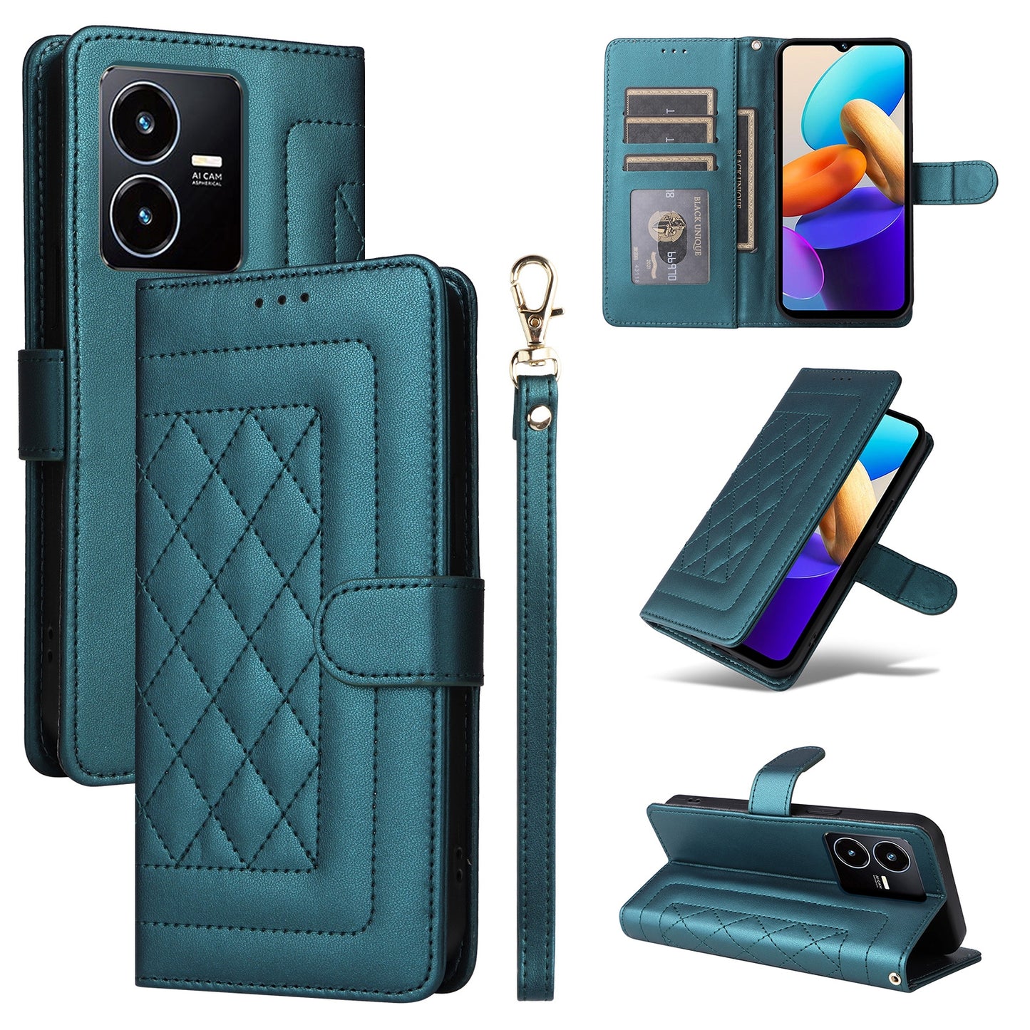 For vivo Y22s / Y35 Diamond Lattice Leather Flip Phone Case - Durable and Convenient Holder with Precision Cutouts